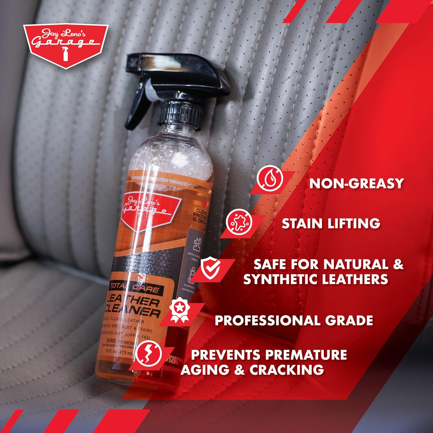 Jay Leno's Garage Leather Cleaner – Deep-Cleaning Leather Seat Cleaner for Car Interior, pH-Balanced Car Refresher That Gently Cleans, Lifts Grime, Refurbish and Restores All Leather Surfaces (16 oz)