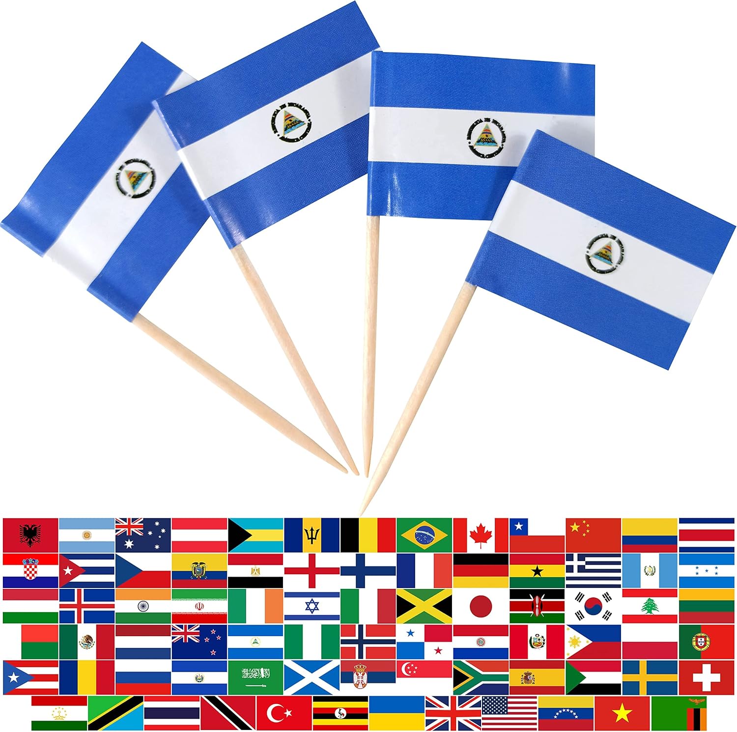 JBCD Nicaragua Toothpick Flag Nicaraguan Mini Small Cupcake Topper Flags, 100 pcs
