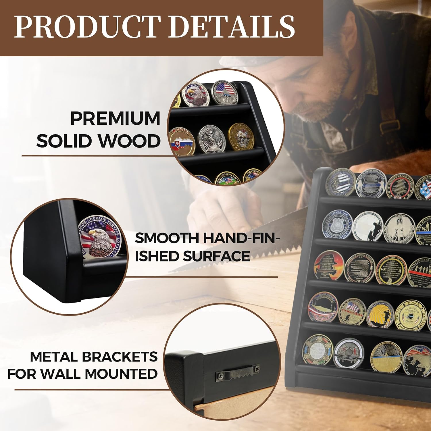 ASmileIndeep 3 Rows Wooden Challenge Coin Wall Display Stand - Military Coin Holder Army Coins Rack, Holds 21-24 Coins, Mahogany