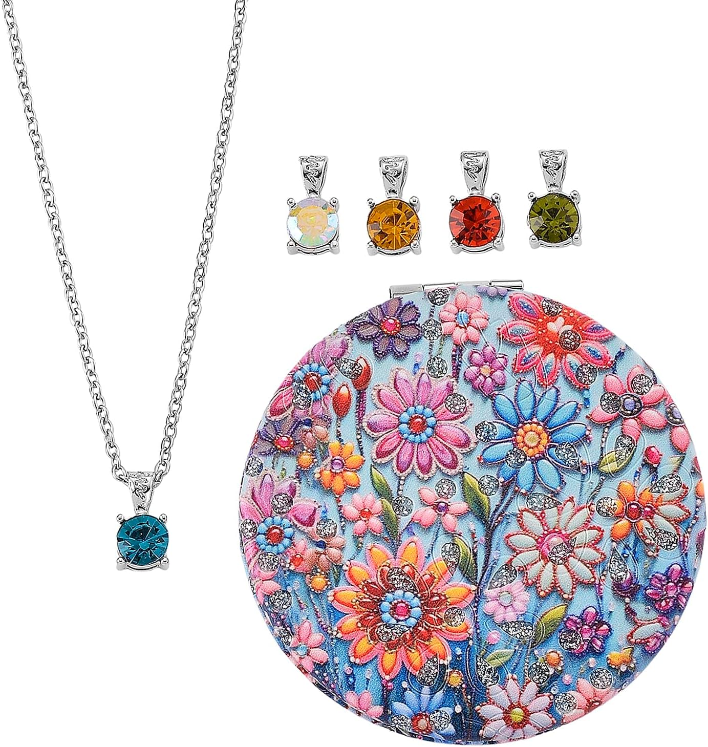 Multi Color Crystal 4pcs 1pc Mirror Pendant Necklace 20"in Silvertone