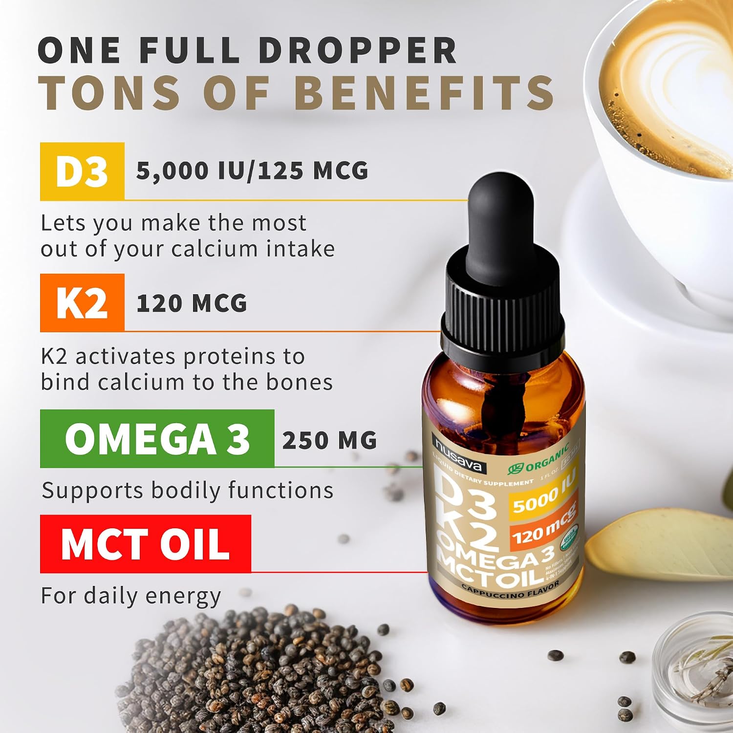 Nusava Organic Vitamin D3 K2 Drops with MCT Oil, Unflavored, Pack of 2