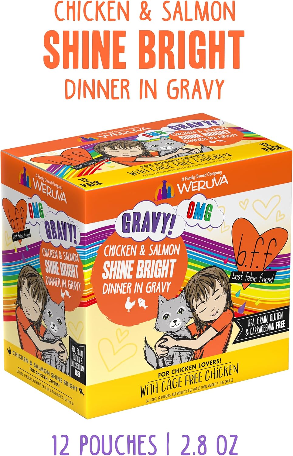 Weruva B.F.F. OMG - Best Feline Friend Oh My Gravy!, Tuna & Salmon Sweet Cheeks with Tuna & Salmon in Gravy Cat Food, 3oz Pouch (Pack of 12)