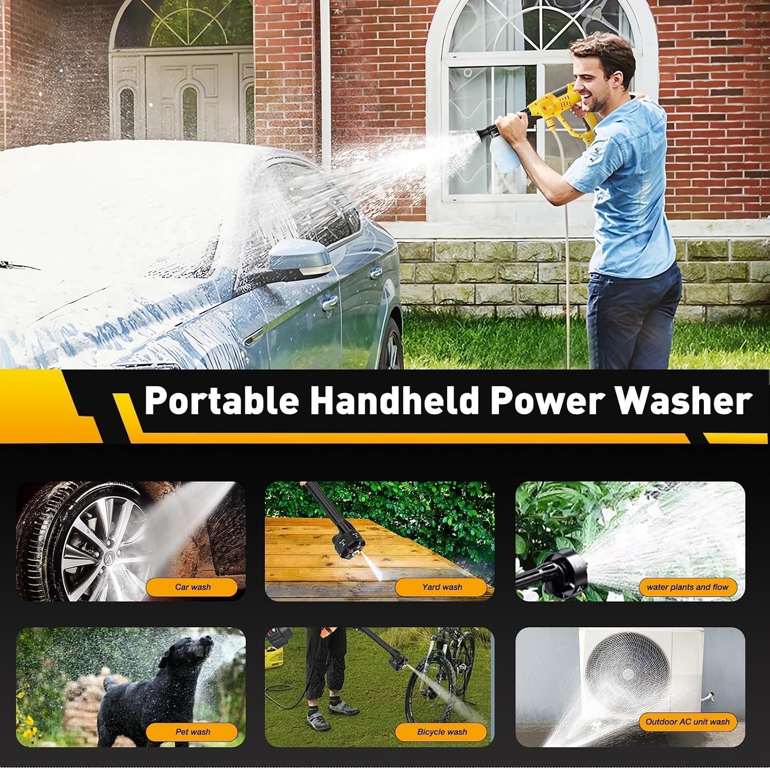 1100PSI Cordless Car Washer, Portable Battery Powered Cleaning Tool | 10-Speed Adjustment, Battery Level Display, 6-in-1 Nozzle