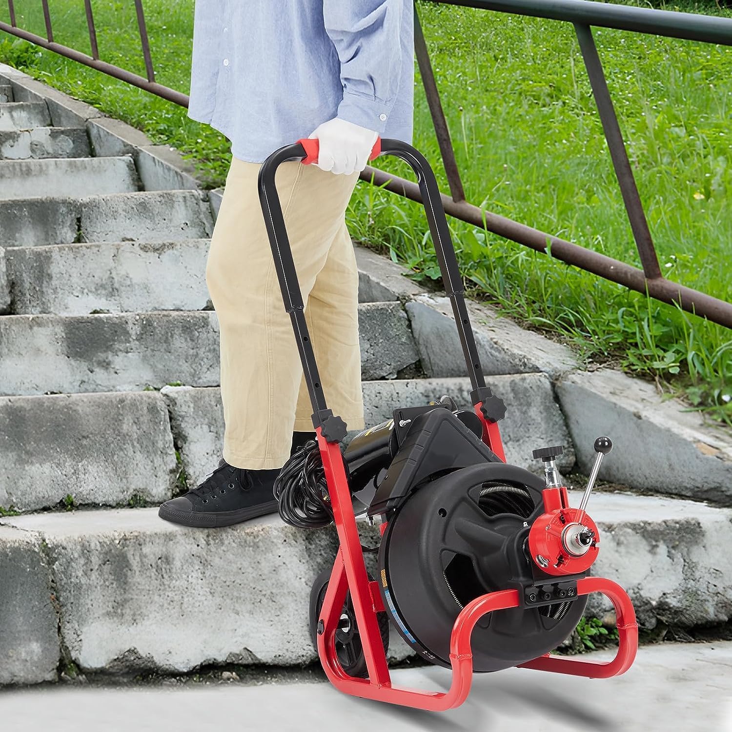 Drain Cleaner Machine - 100Ft x 3/8 Inch, Auto-feed Electric Drain Auger for Plumbing with 6 Cutters, Glove