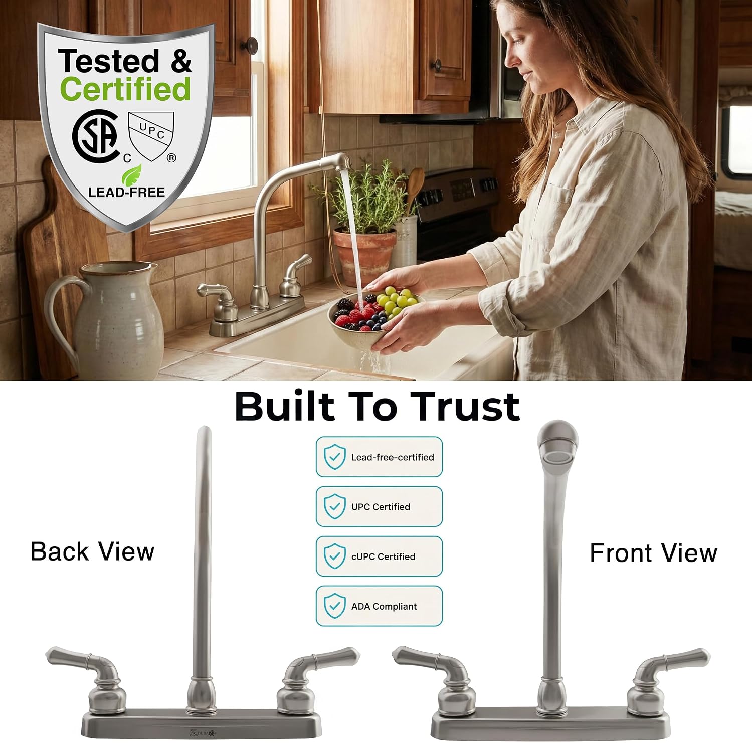 Dura Faucet DF-PK210C-SN RV Hi-Rise Kitchen Sink Faucet (Satin Nickel) | Tall spout and classical levers make washing big pots easy. Brushed Satin Nickel.