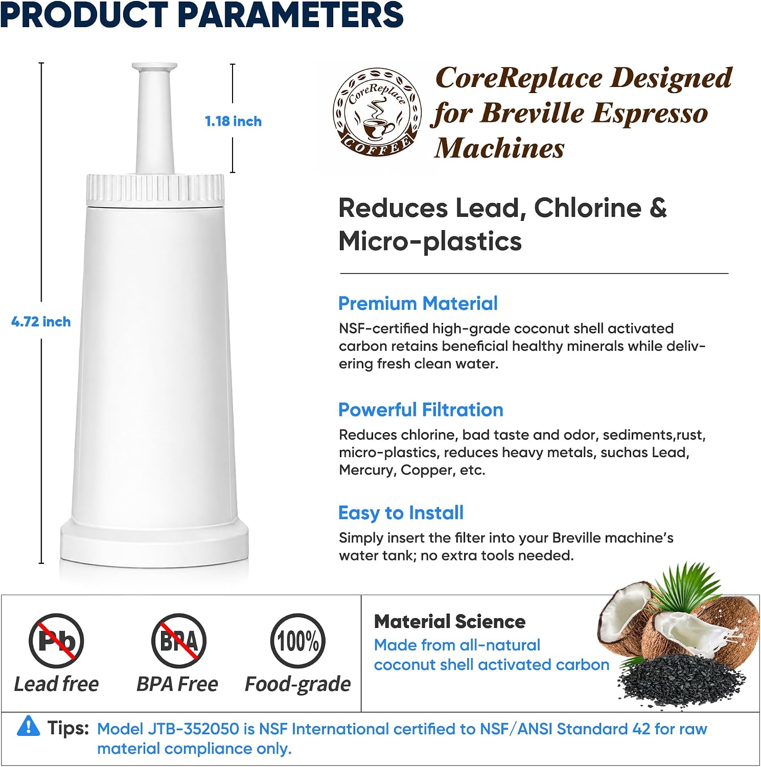 2 Pack of Replacement Water Filter for Breville Claro Swiss Espresso Coffee Machine - Compare to Part #BES008WHT0NUC1