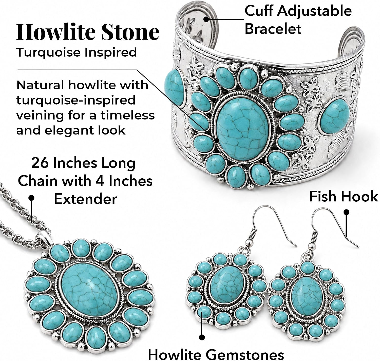 Shop LC Howlite Western Jewelry Set for Women Boho Cowgirl | 3-Piece Necklace Bracelet Earrings, Turquoise-Inspired, Chunky Statement, Southwestern