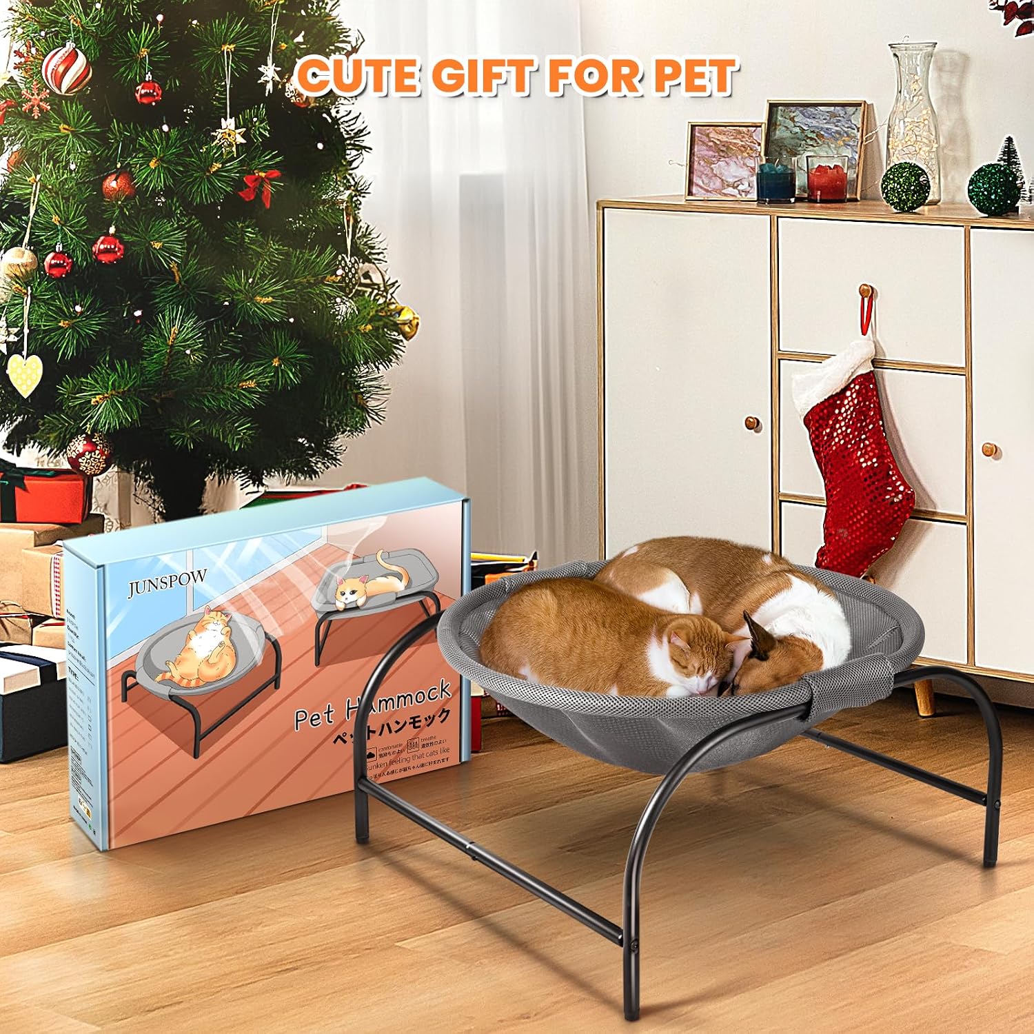JUNSPOW Cat Bed Sleeping Cat Hammock, 16.9in x 16.9in x 9.5in, Grey