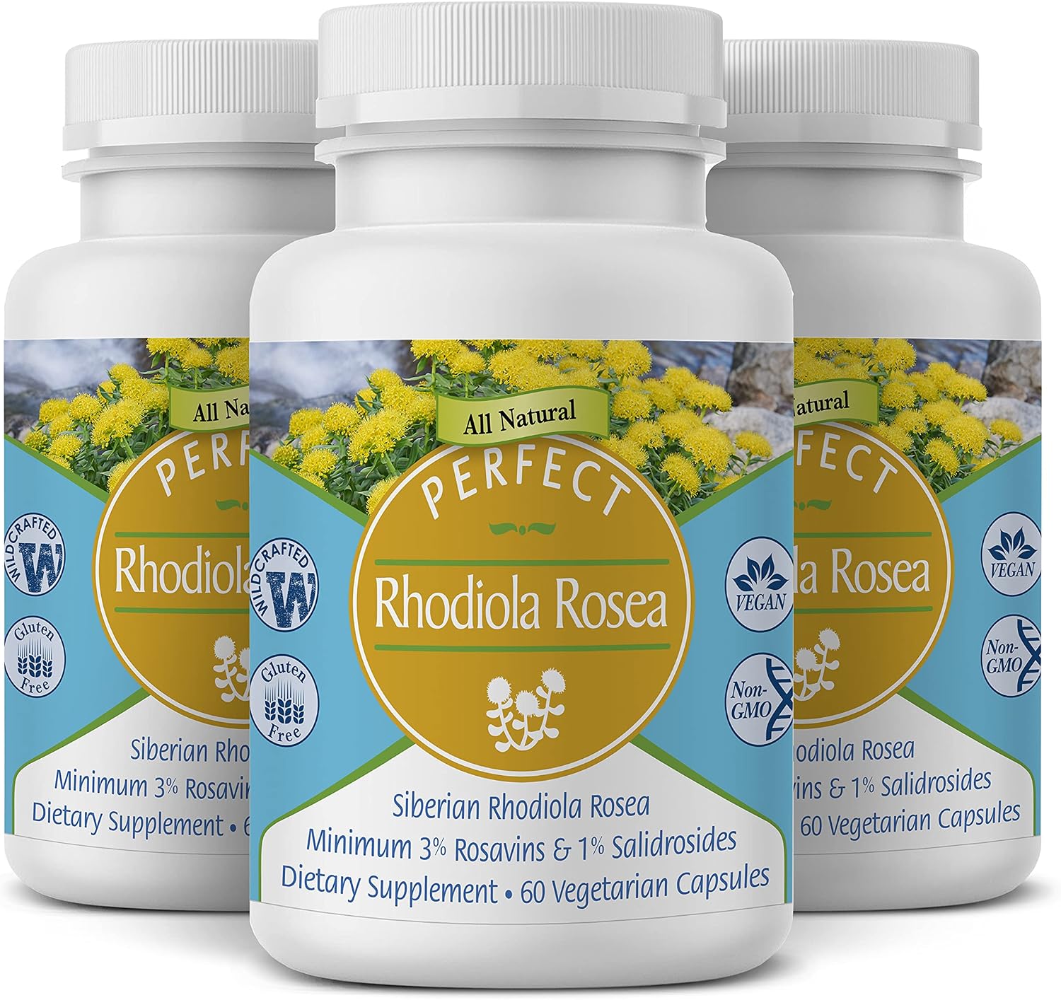 Perfect Supplements Rhodiola Rosea, for Better Focus, Energy, and Stress Relief, Optimal 3% Rosavins to 1% Salidroside Ratio, a Natural Adaptogen ~60 Vegetable Capsules