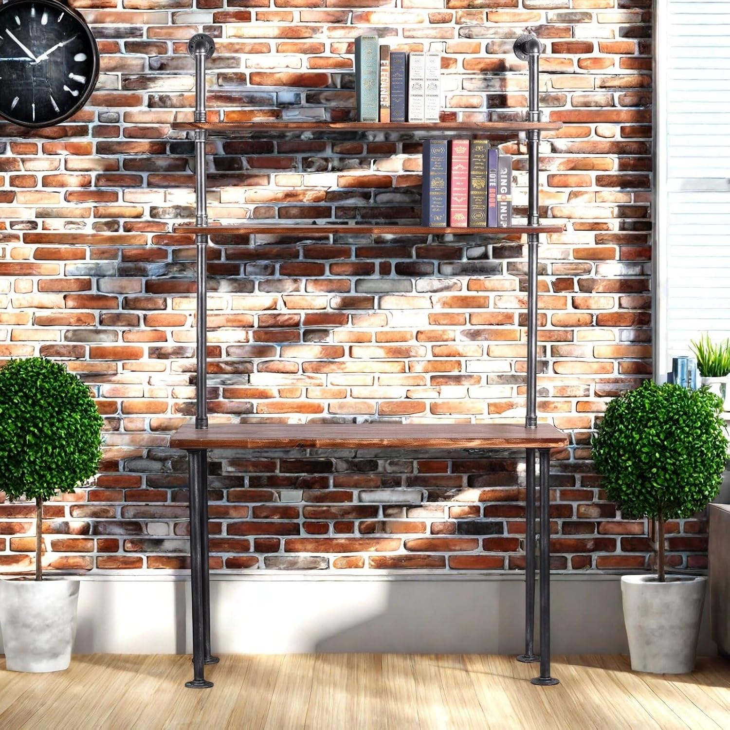 Industrial Pipe Desk with 3 Tier Shelves, Rustic Solid Wood Writing Workstation, Sturdy Metal Frame for Home Office Study Living Room Decor(40" L)
