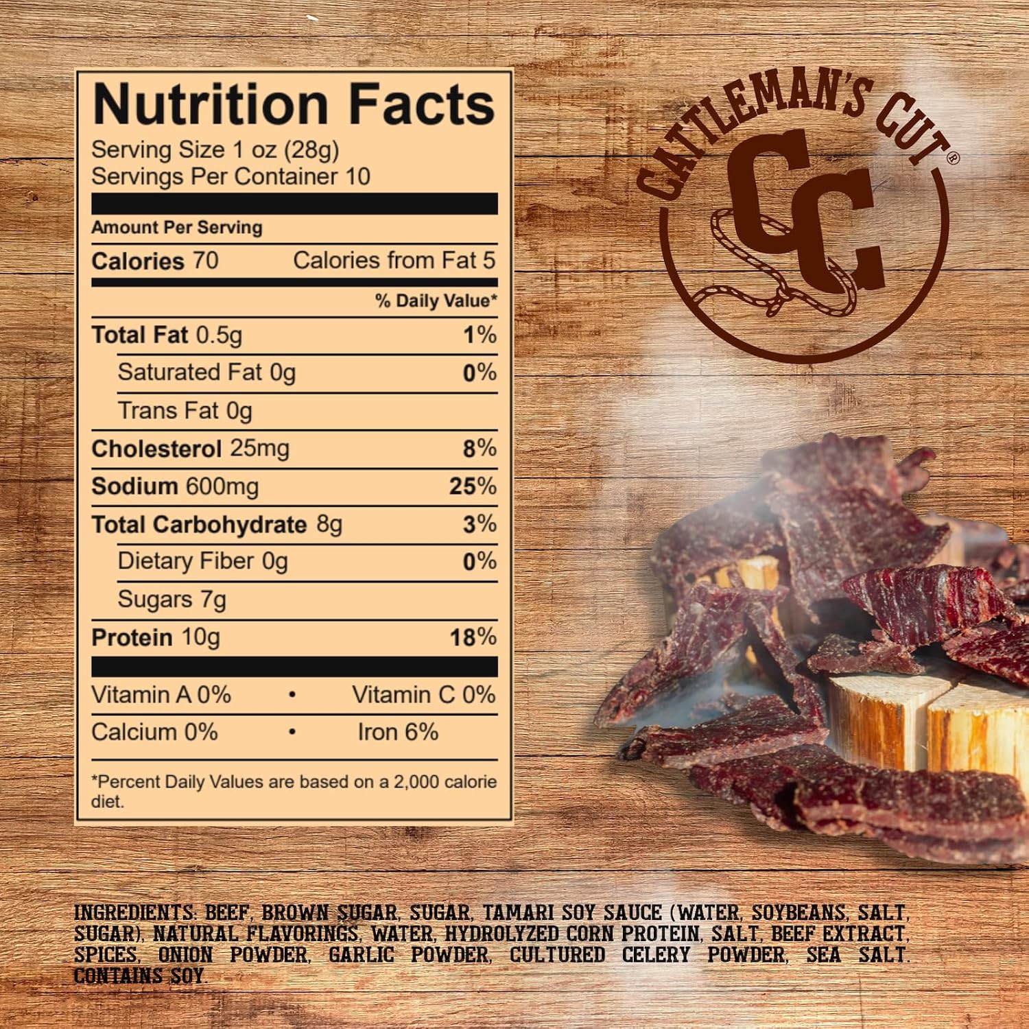 Cattleman's Cut Original Beef Jerky, Premium Marinated Steak High Protein Meat Snacks, Keto Friendly, Gluten Free, Carnivore Travel Snack, Resealable Bag, 10 Ounces