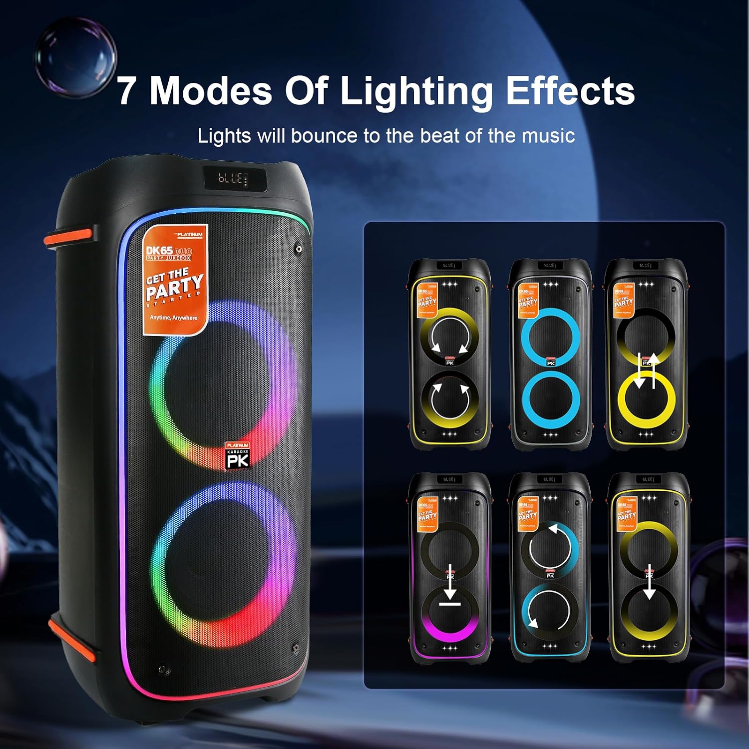 The platiunm DK65 Party Speaker Karaoke Systems for Adults with 2 Wireless Microphone, Bass and Treble Adjustment, with LED Lights, 23K Songs