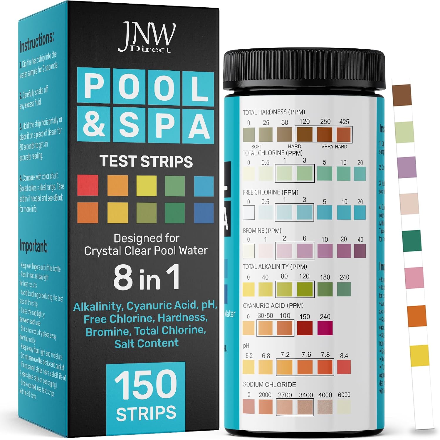 Pool Test Strips for Pools and Spas - 7 in 1 Water Test 100 Pack | Includes 100 pool test strips that measure chlorine, bromine, pH, alkalinity, hardness and cyanuric acid in 30 seconds.