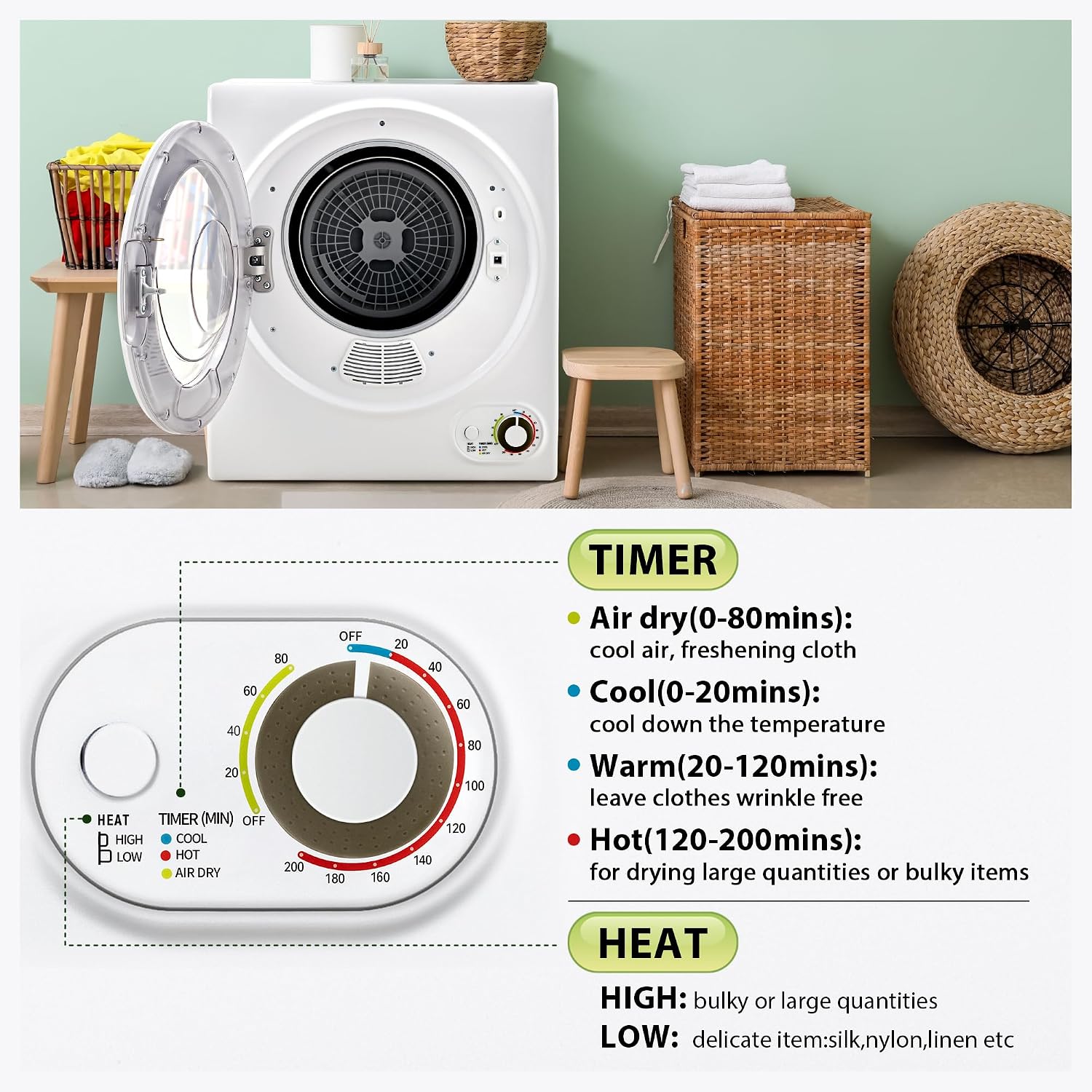 Euhomy Compact Laundry Dryer, 3.5 cu ft Front Load Stainless Steel Clothes Dryers With Exhaust Pipe, 1500W