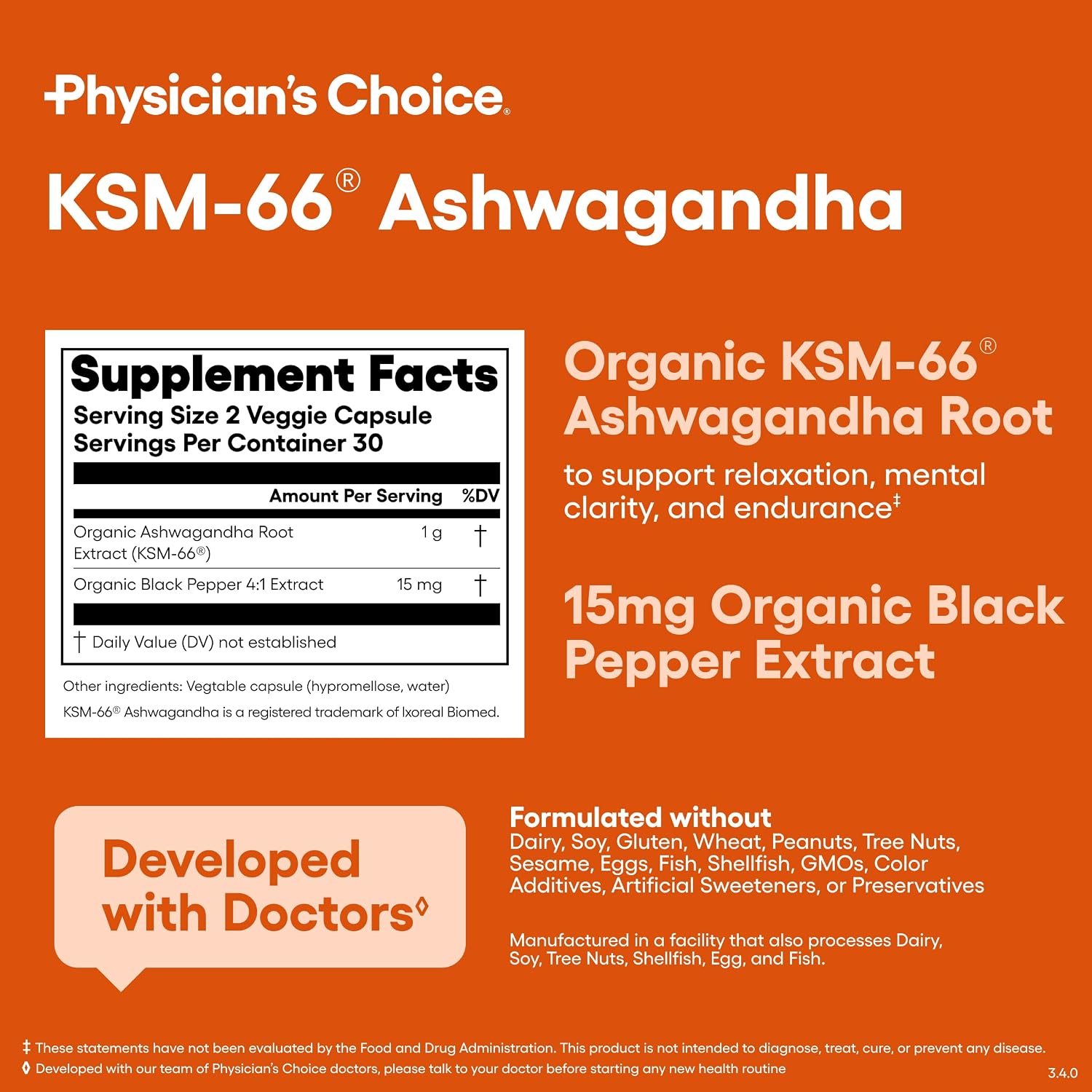 Physician's CHOICE KSM-66 Ashwagandha Root Extract 1,000mg, Organic, 60ct
