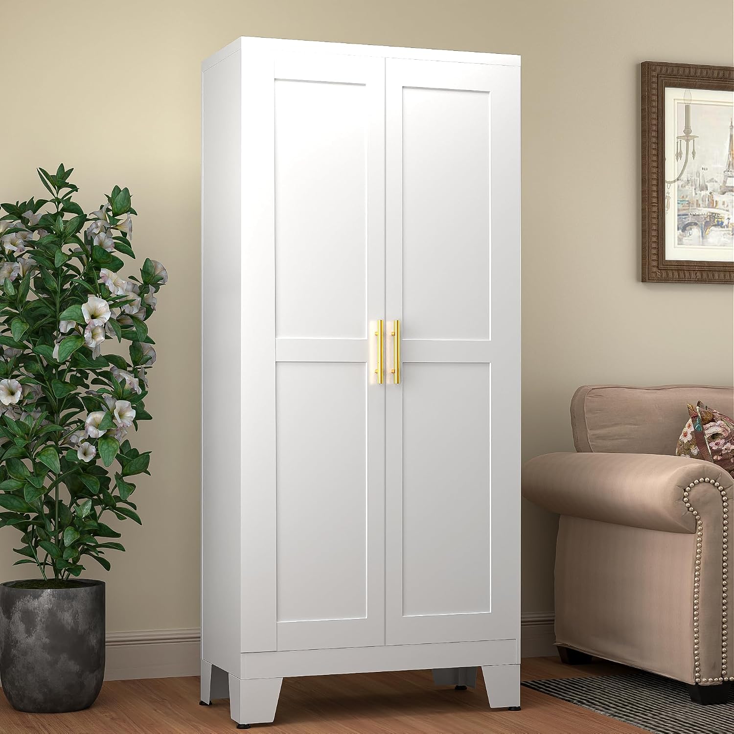 GAIOUS 75.2" Tall Metal Kitchen Pantry Storage Cabinets with 2 Door and 5 Adjustable Shelves, Cupboard for Kitchen, Dining Room, Living Room and Bathroom, White