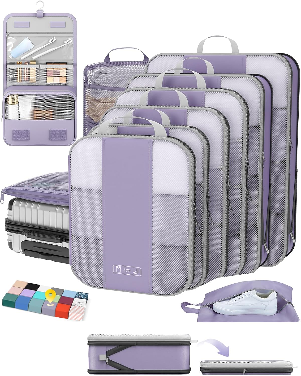 OlarHike 10 Set Compression Packing Cubes for Travel Essentials,Compressible Expandable Space Saver Bags for Organizing Clothes,Luggage Suitcase Garment Bags with Over 1000 pcs Mesh Holes(Black)