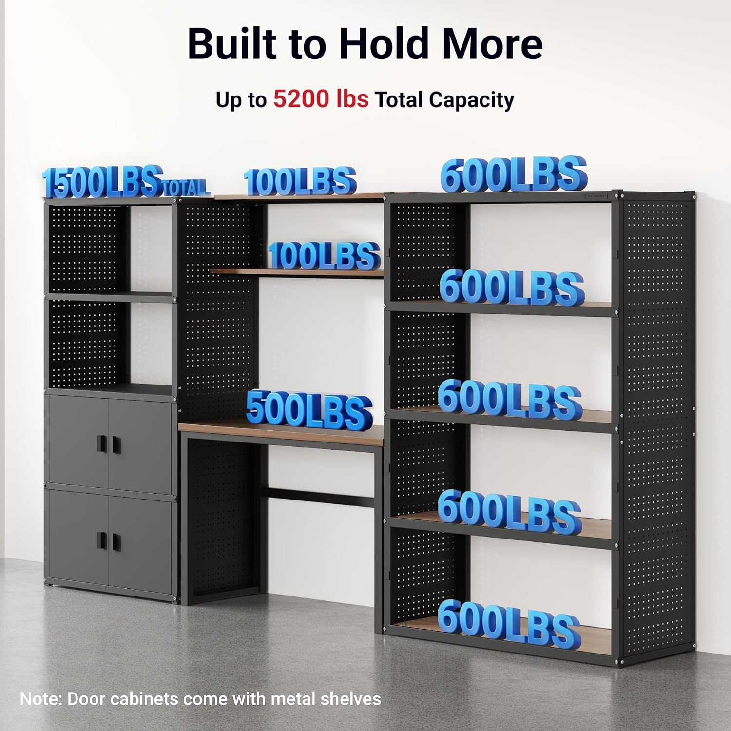 FLEXIMOUNTS 117"W Modular Garage Storage Cabinet with Workbench, Black | 6 Doors, 3700lbs capacity, Metal board shelf includes pegboard, 3-in-1 metal tool cabinet, 24-gauge steel, FLEXIMOD Series