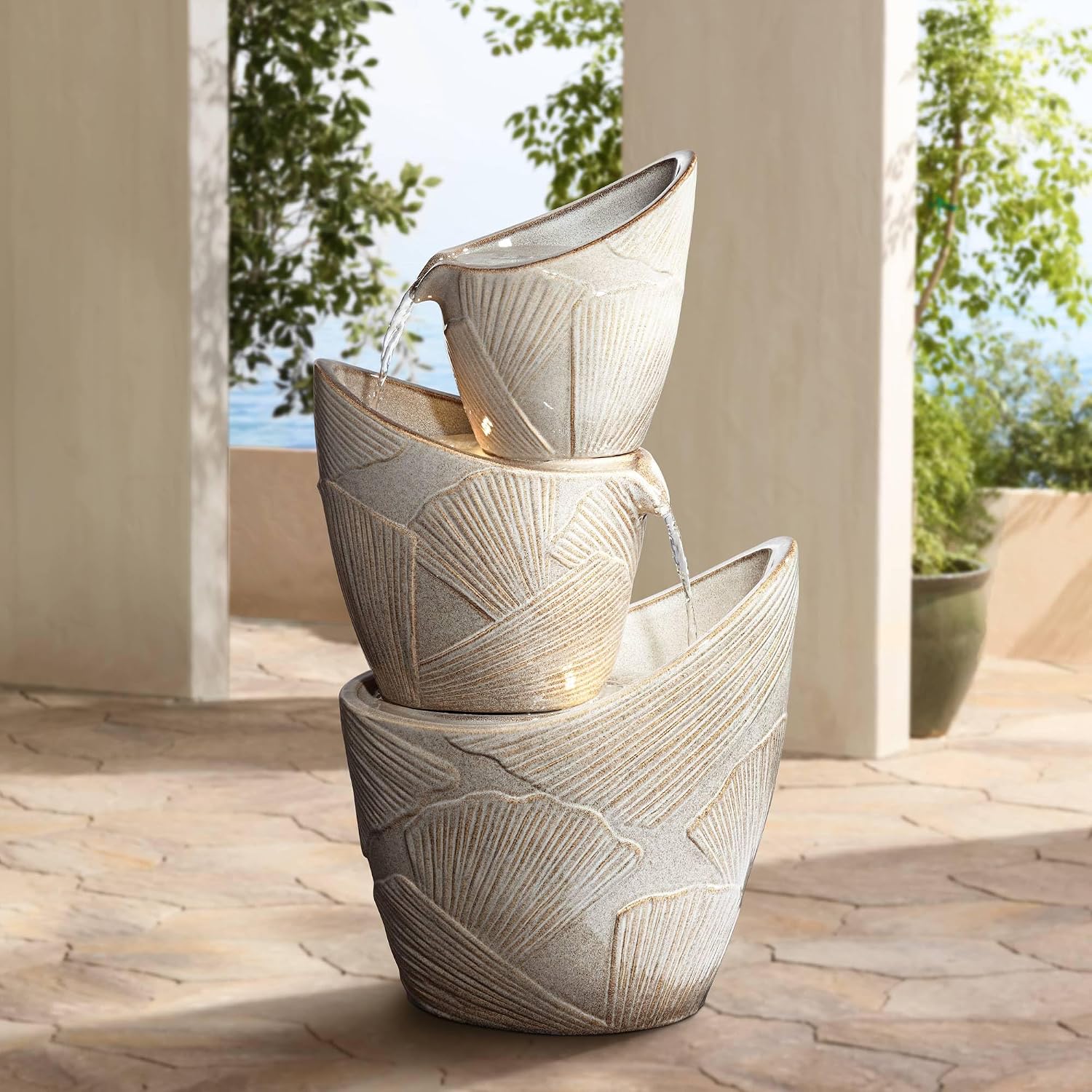 Coquina 30" Large Three Urn Modern Coastal Cascading LED Outdoor Fountain