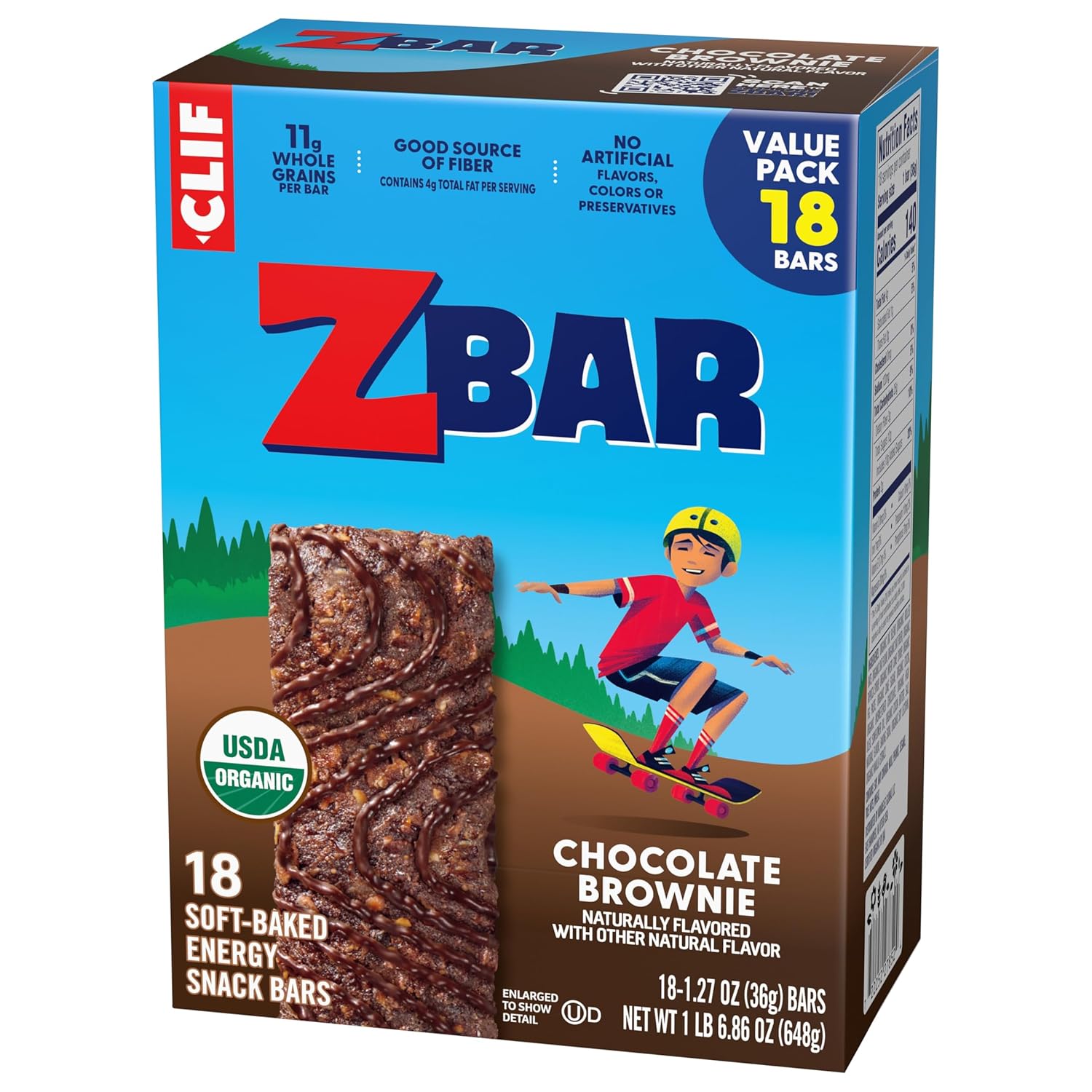 Zbar - Chocolate Brownie - Soft-Baked Energy Snack Bars - Non-GMO - 11g Whole Grains - USDA Organic Granola Bars - Snacks for Kids (18 Pack)