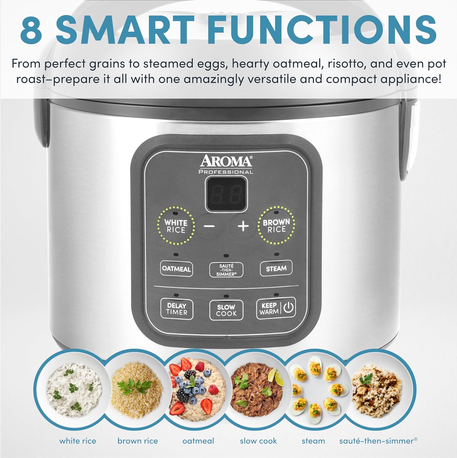 AROMA Digital Rice Cooker, 4-Cup (Uncooked) / 8-Cup (Cooked), Steamer, Grain Cooker, Multicooker, 2 Qt, Stainless Steel Exterior, ARC-914SBD