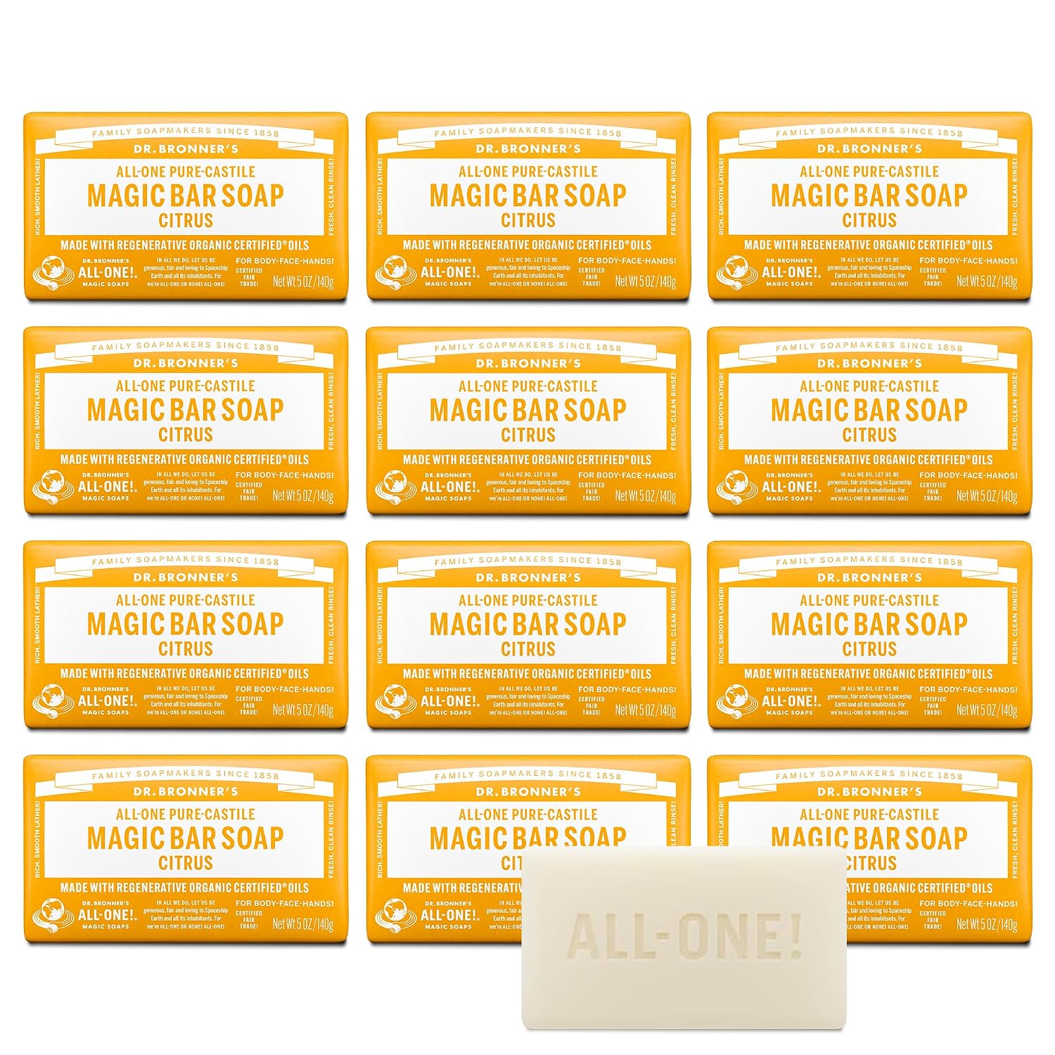 Dr. Bronner's Pure-Castile Magic Soap Bar (Citrus, 5 oz, 6-Pack)- Bath Soap with Regenerative Organic Certified Oils - For Face, Body & Hair - Gentle, Vegan - Bars for Men & Women