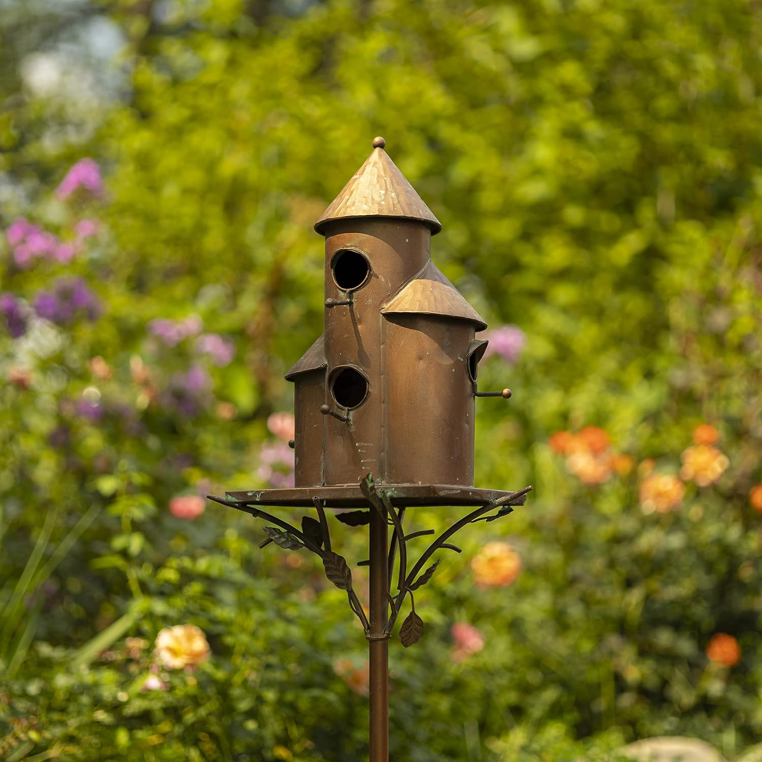 Large Copper Colored Multi-Birdhouse Stakes, Room for 4 Bird Families in Each (Cube Homes with Pyramid Roofs)