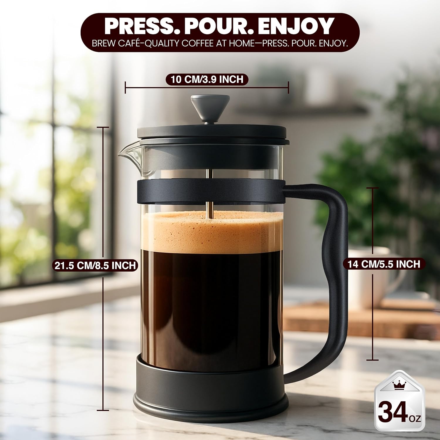 Utopia Kitchen Borosilicate Glass French Press Coffee Maker 34 Oz, Black | Heat-Resistant Cafetiere & Tea Maker, Thickened Glass Coffee Press for Travel and Camping