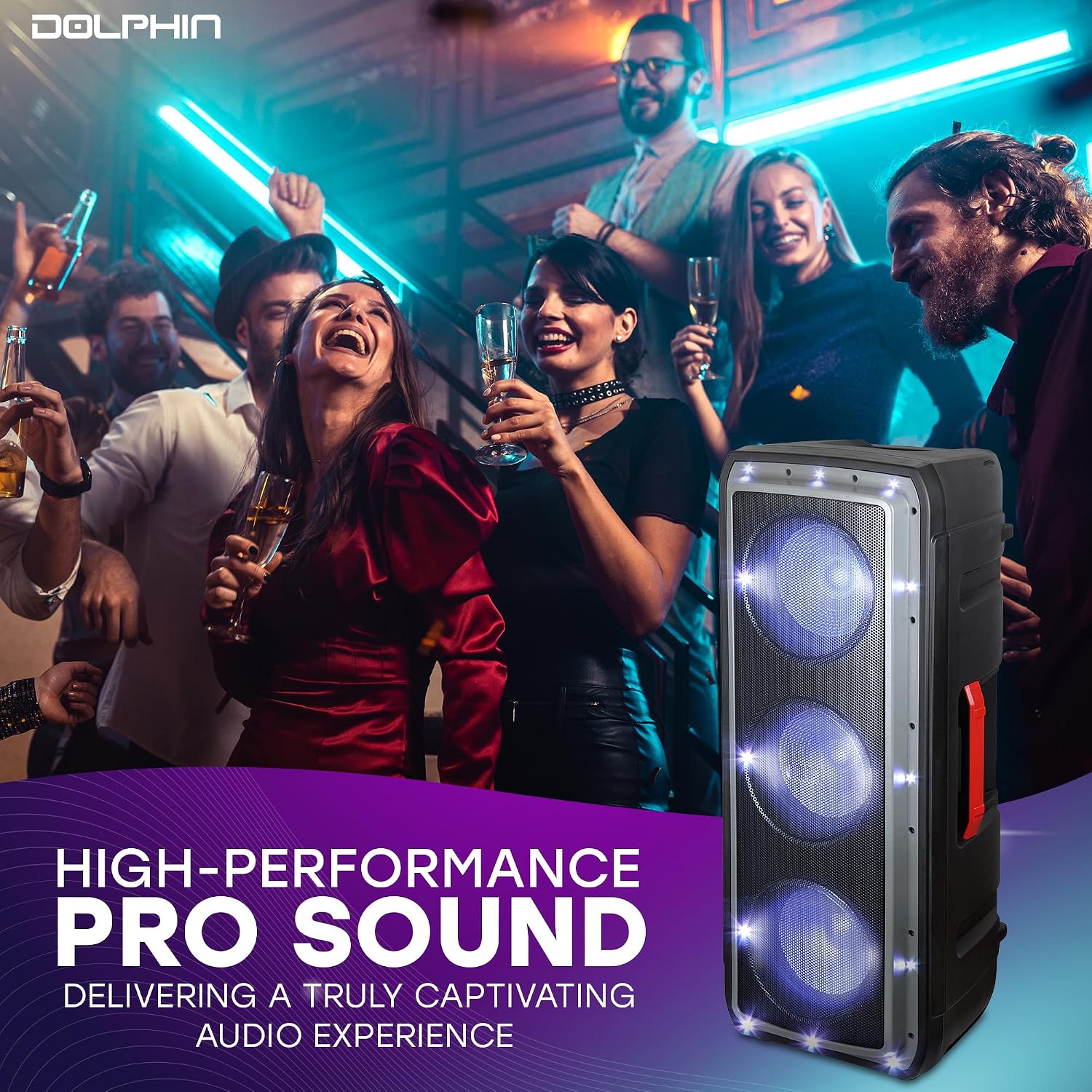 Dolphin Bluetooth Party Speaker with Wireless Mic, Triple 10" Woofers | 120W Output, LED & Strobe Lights, USB/TF/FM/AUX, Guitar & Mic Inputs