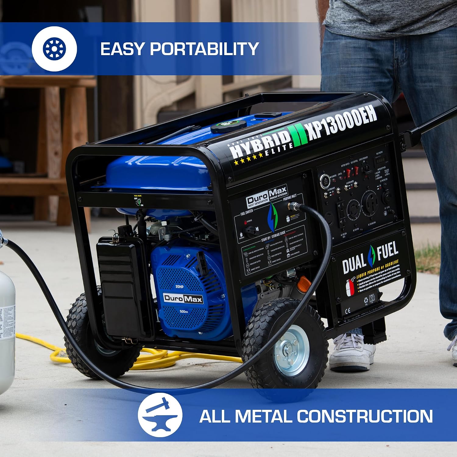 DuroMax XP12000EH 12,000-Watt Dual Fuel Portable Generator – Gas & Propane, Electric Start, Whole Home Backup Power, Transfer Switch Ready, RV & Emergency Ready
