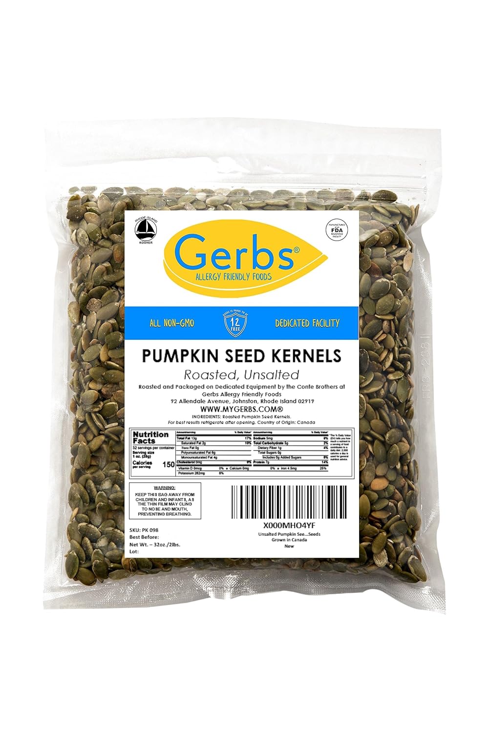 GERBS Unsalted Pumpkin Seed Kernels 2 LBS|Top 14 Allergy Free Food |Use in salads, yogurt, bake, oatmeal, trail mix|Grown in Canada