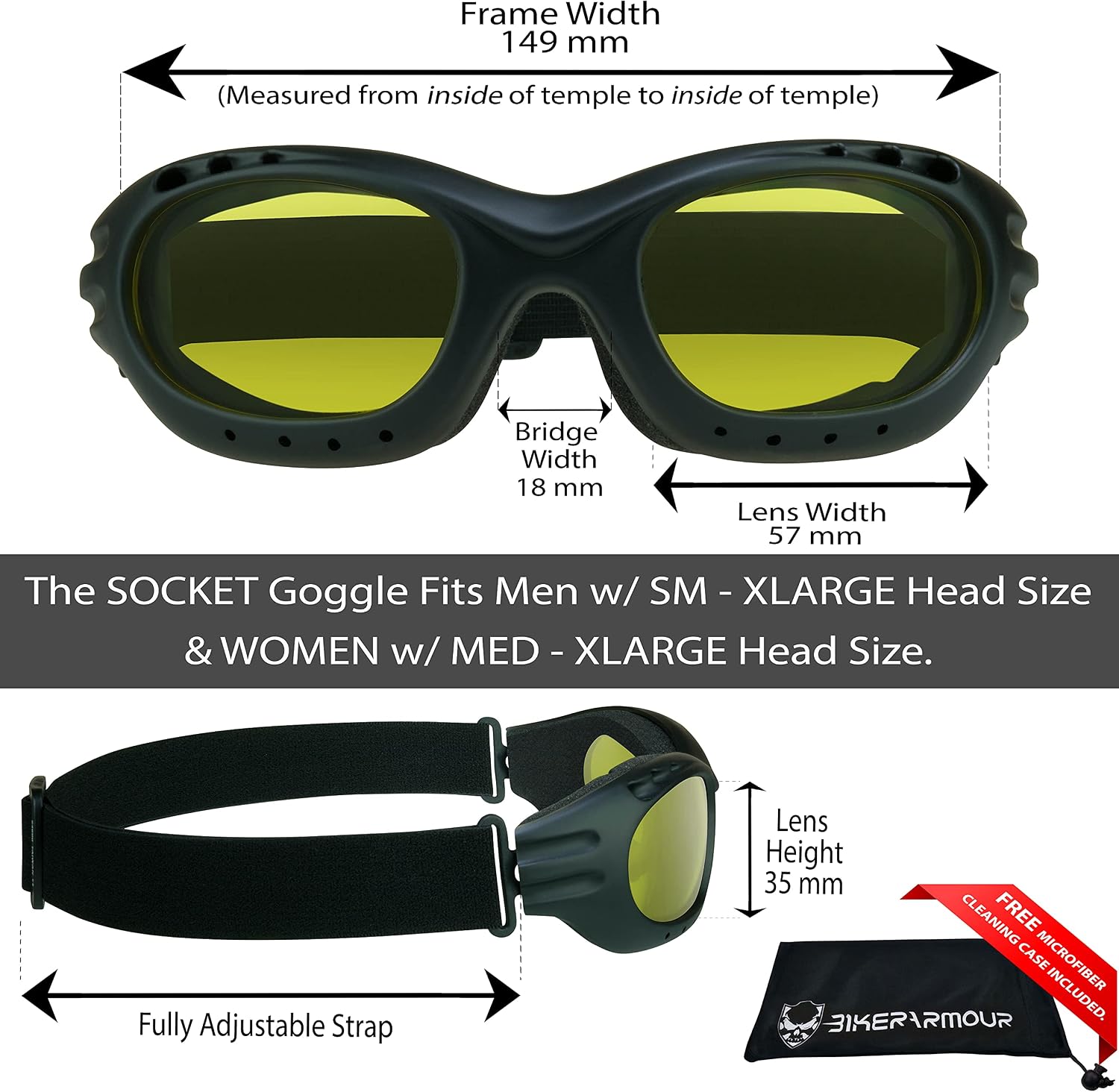 Bikershades Motorcycle Safety Riding Goggles Men Women. Polarized Lens, Smoke, Mirrored Blue or Orange, Clear Yellow Lenses