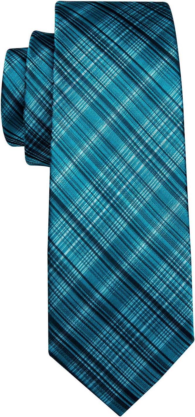 Barry.Wang Plaid Ties for Men Silk Necktie Handkerchief Cuff Links Set