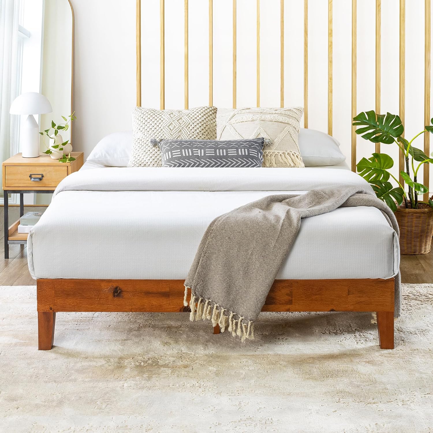 Mellow Naturalista Classic - 12 Inch Solid Wood Platform Bed with Wooden Slats, No Box Spring Needed, Easy Assembly, Queen, Pine