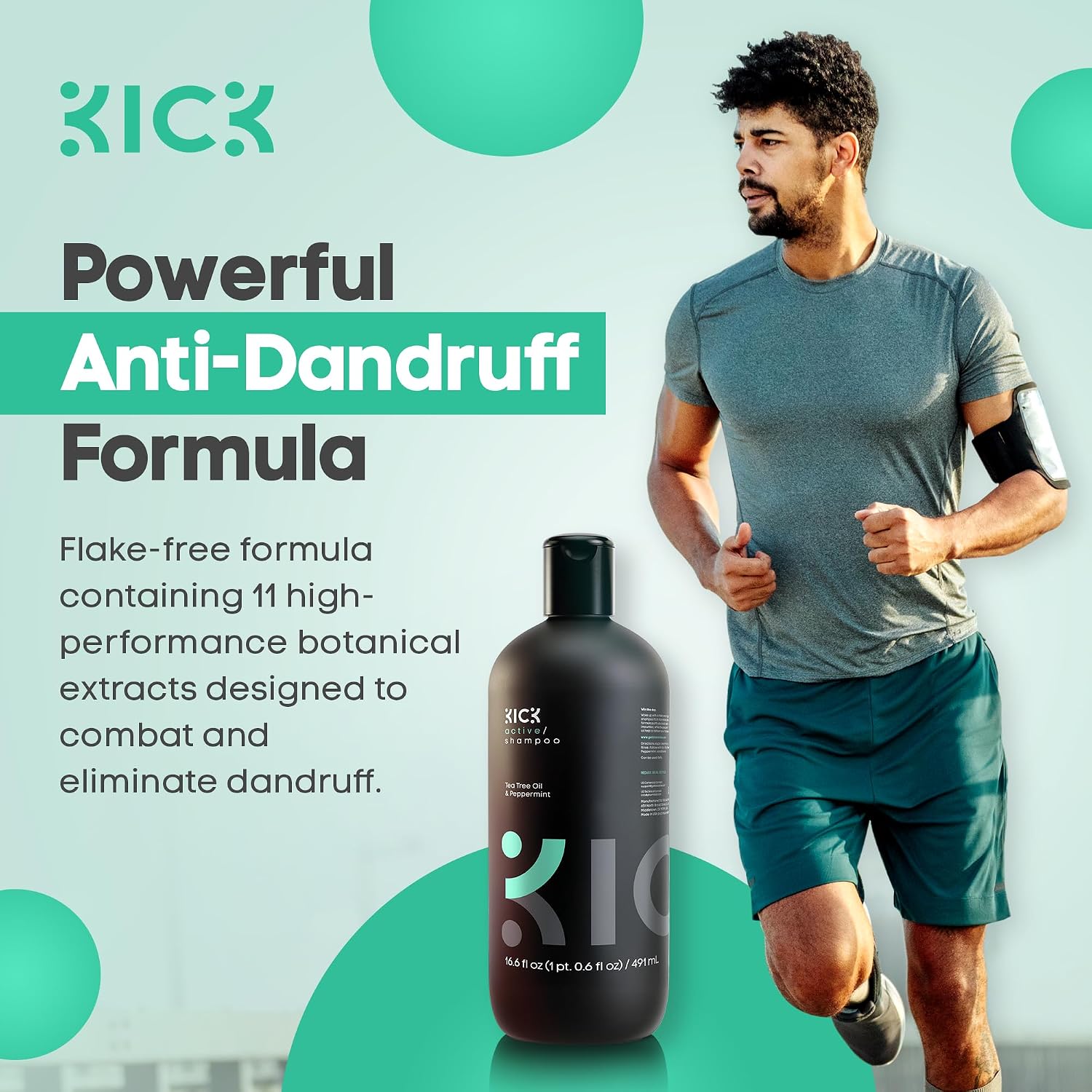 Kick Mens Shampoo - Peppermint & Tea Tree, Anti-Dandruff for Oily Hair | Oil Control & Scalp Soothing - Itchy Scalp Relief - Sulfate-Free