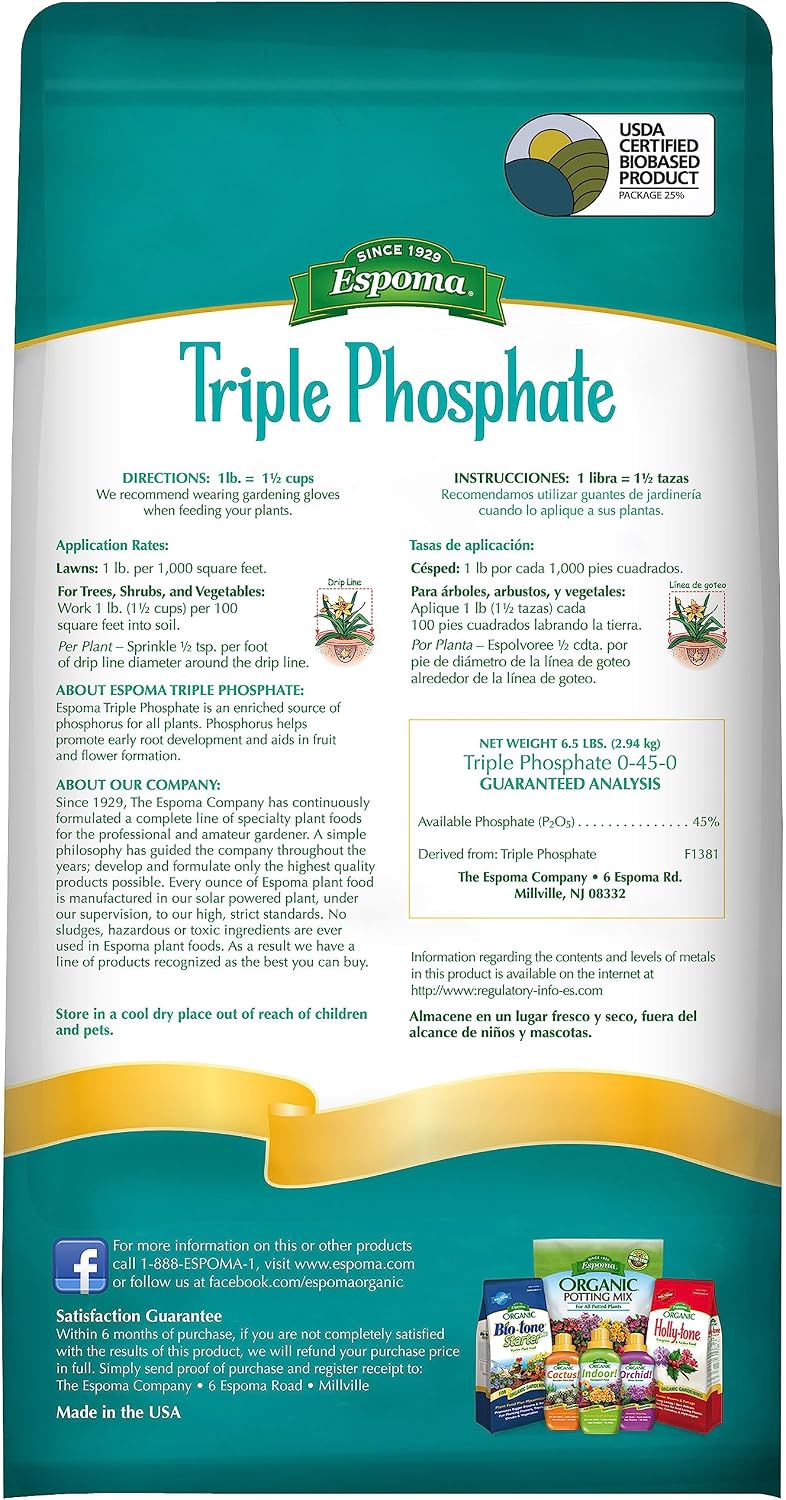Espoma Triple Phosphate Fertilizer 0-45-0, 6.5lb. Bag, Promotes Root Growth and Blooming in All Flowering Plants, Trees, Shrubs
