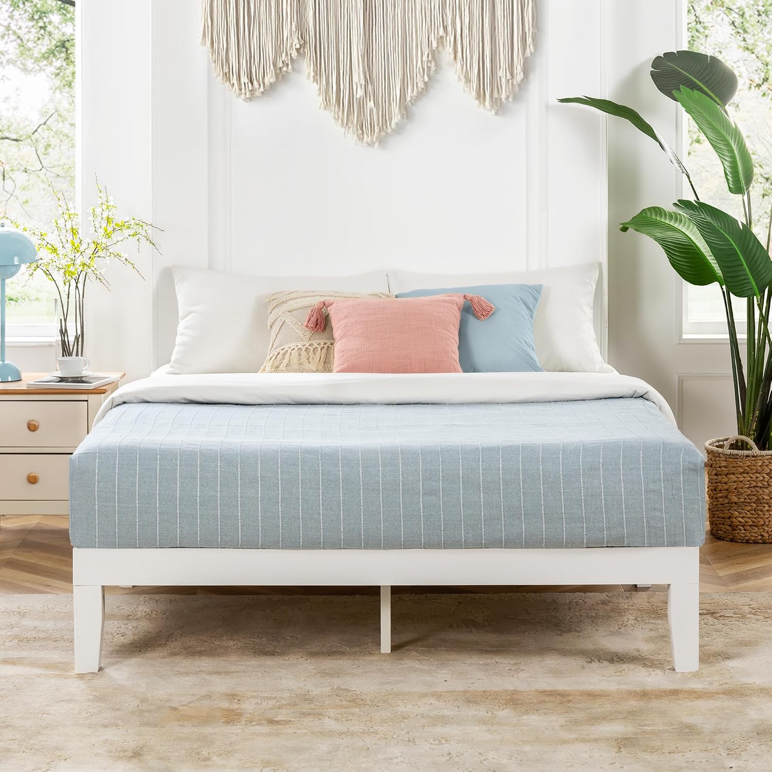 Mellow Naturalista Classic - 12 Inch Solid Wood Platform Bed with Wooden Slats, No Box Spring Needed, Easy Assembly, Queen, Pine