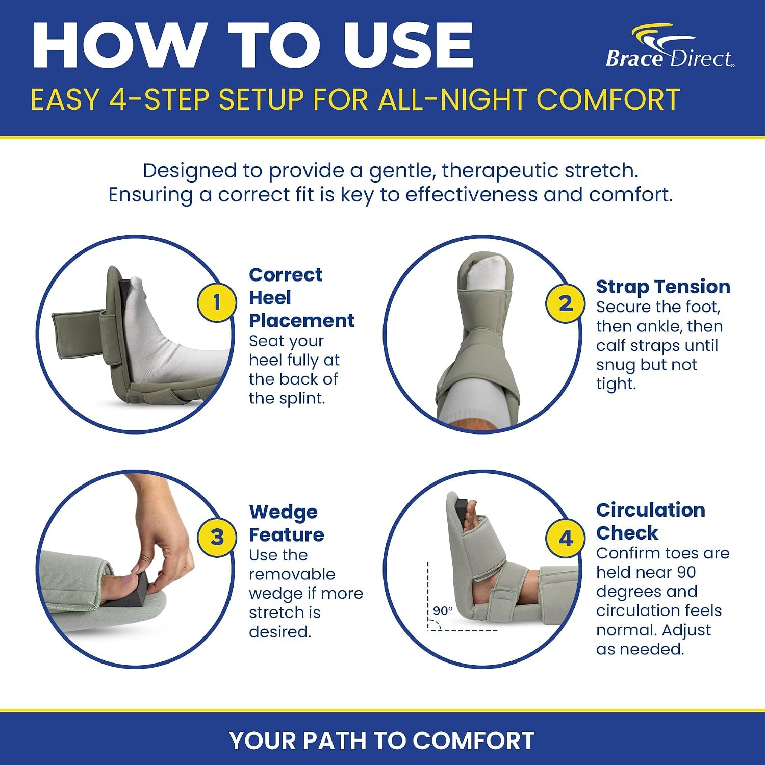 Brace Direct Padded Night Splint 90 Degree Sleeping Boot - Immobilizing Stretching Support for Plantar Fasciitis, Drop Foot, Achilles Tendonitis