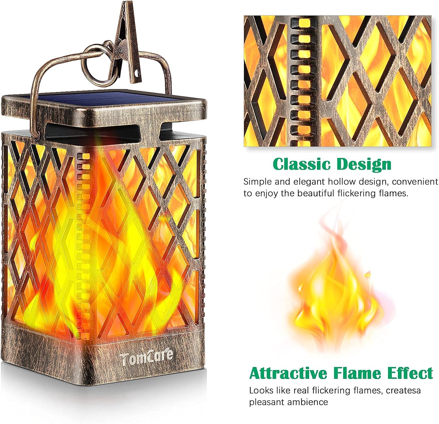 TomCare Solar Lanterns Outdoor, Flickering Flame Hanging Lights, 2 Pack