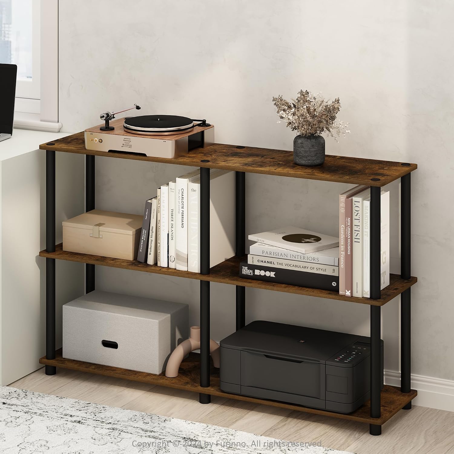 Furinno TURN-N-TUBE Storage Shelves, 3-Tier 47.4 Wide Book Shelf, Corner Shelf, Toolless Open Shelves, for Organization and Storage, Living Room, Garage, Home Office, Black