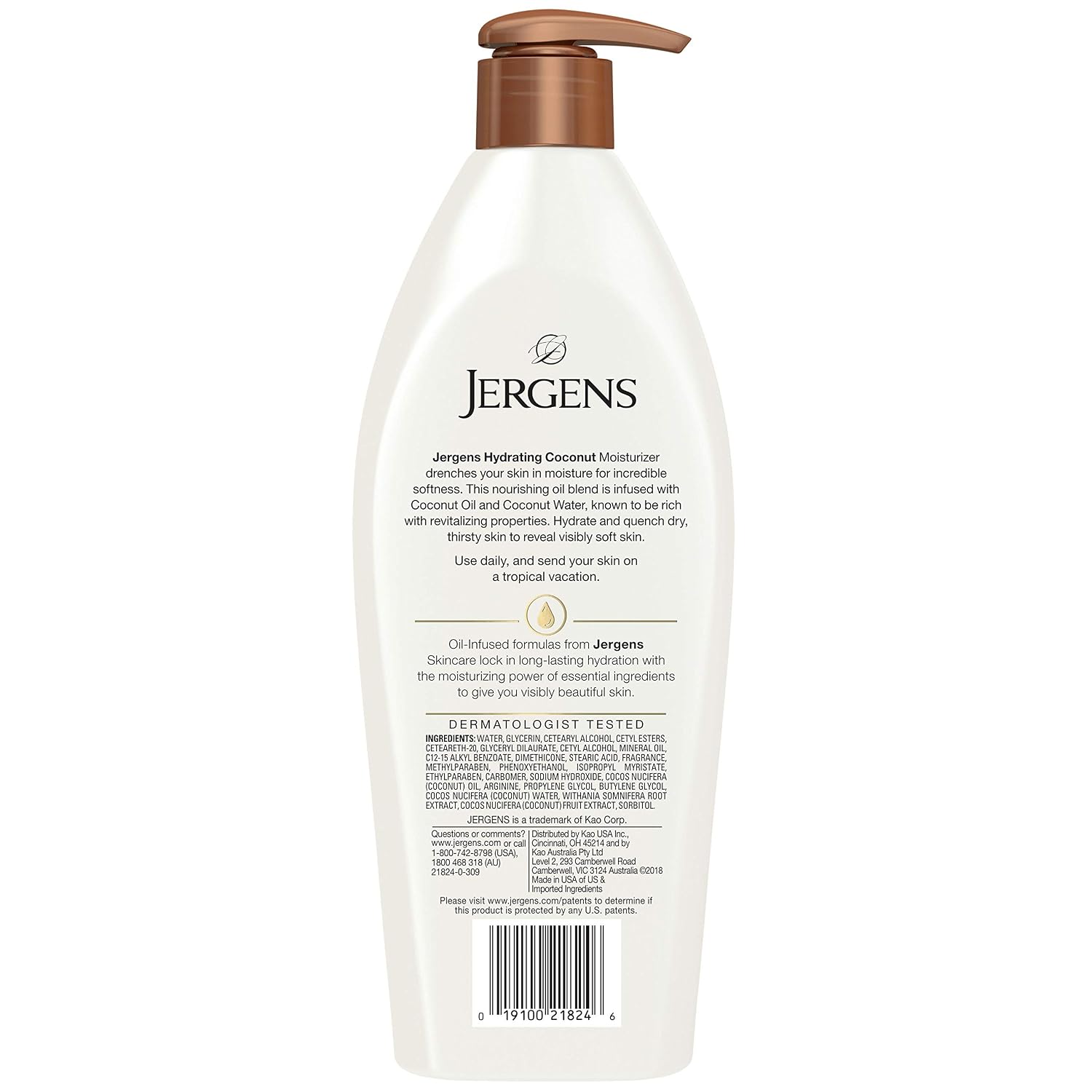 Jergens Hydrating Coconut Body Lotion, Hand and Body Moisturizer, Infused with Coconut Oil, Hydrates Dry Skin Instantly, Dermatologist Tested, 16.8 oz | Coconut Oil, Instantly Hydrates, Dermatologist Tested, Extra Dry Skin Care, Long-Lasting Moisture