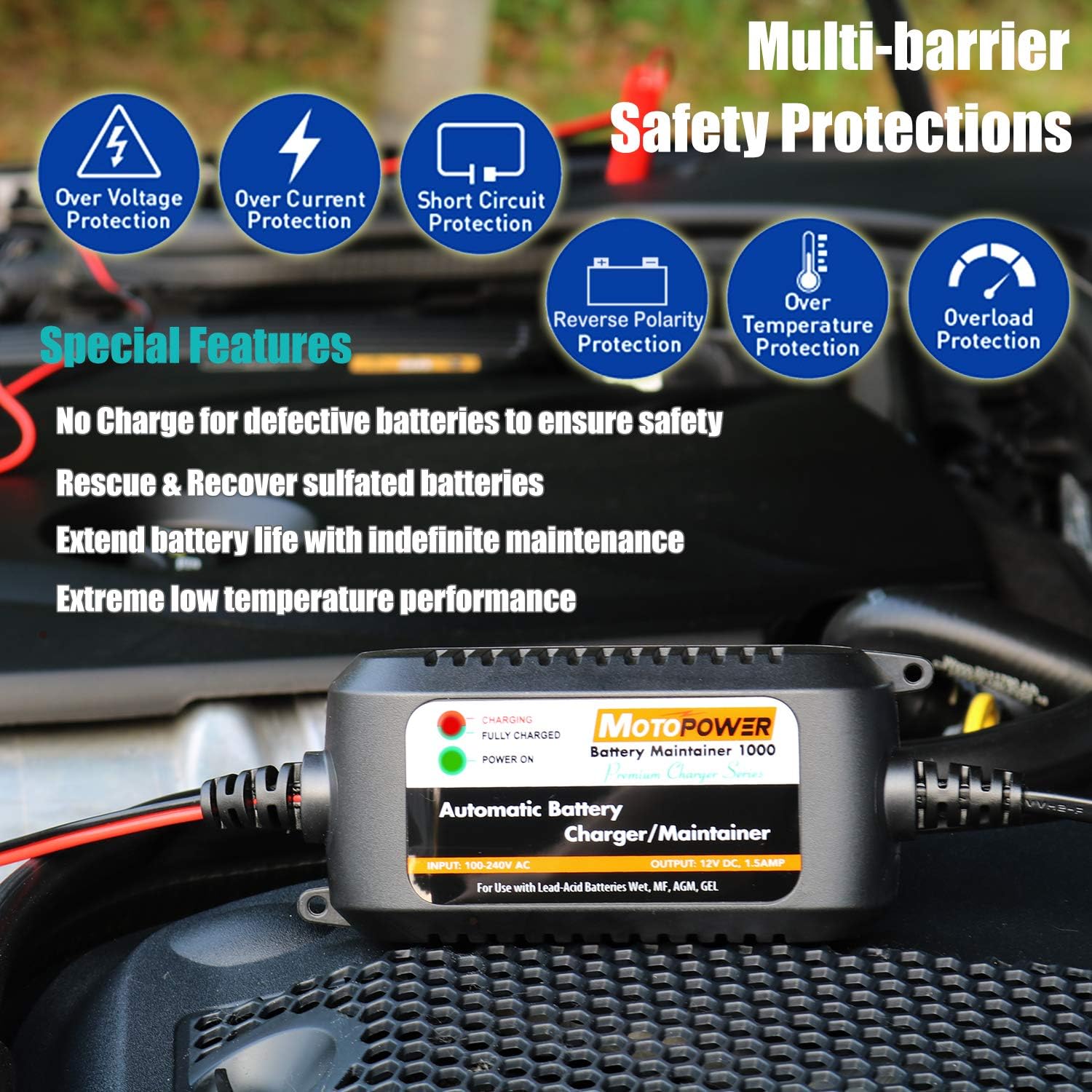 MOTOPOWER MP00206A 12V 1.5Amp Automatic Battery Charger, Battery Maintainer for Cars, Motorcycles, ATVs, RVs, Powersports, Boat and More