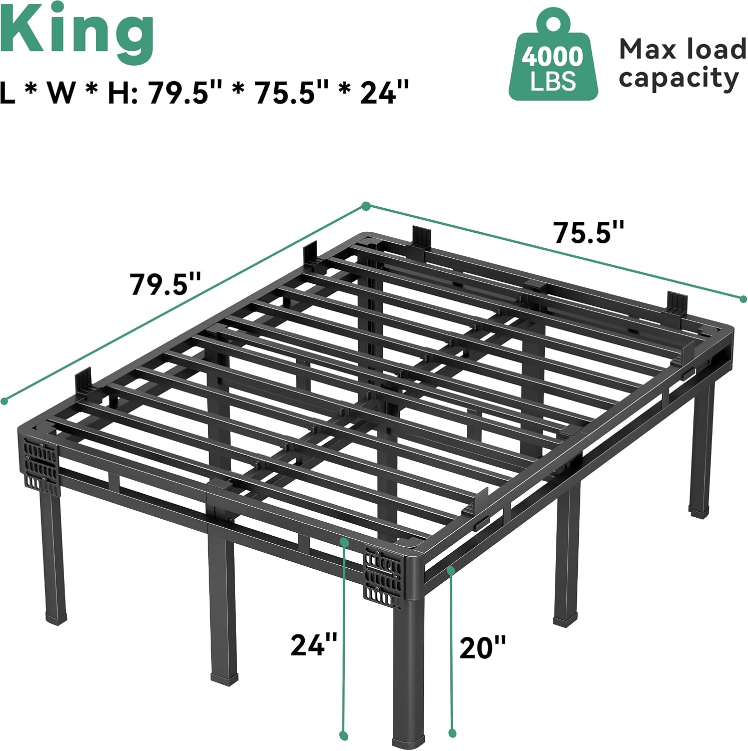 Superay 24 inch HIgh Queen Bed Frame with Rounded Legs, Double Layer Design | Metal Bed Frame & Box Spring 2 in 1 High Platform with Matress Gasket & headboard Adapter, Heavy Duty Support 4000lbs, Black