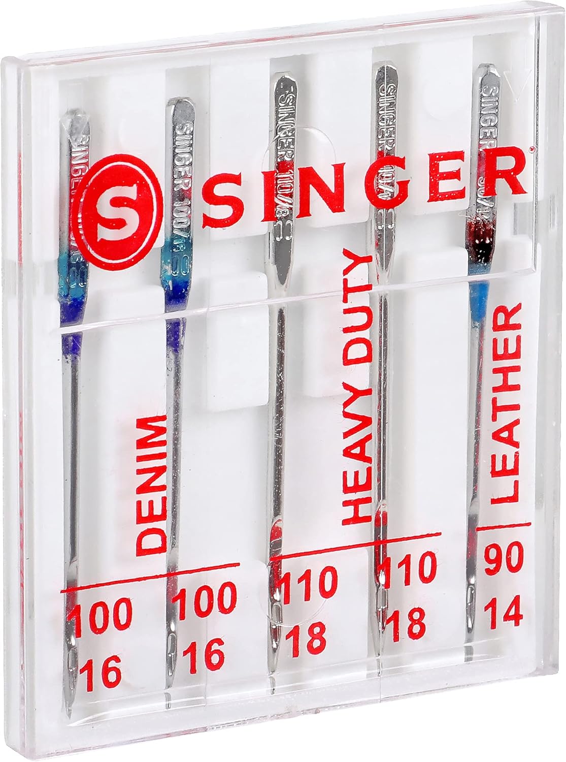 SINGER Heavy Duty Machine Needles, Denim & Leather, Assorted, 5 Count | Heavy-duty machine needles for denim, leather and heavy fabrics; 5 assorted sizes, fit SINGER and other domestic machines