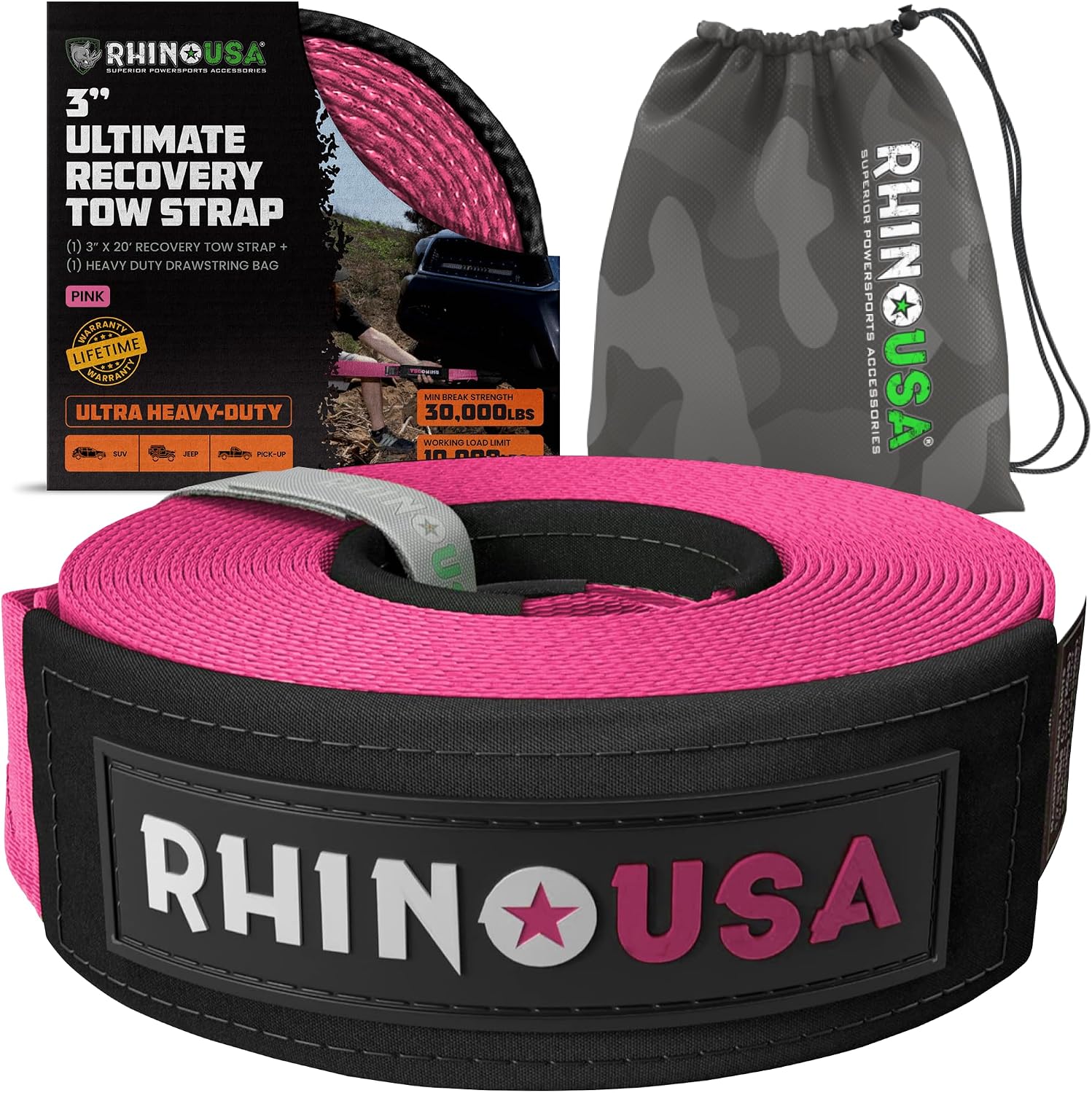 Rhino USA Recovery Tow Strap (3in x 30ft) - 31,518lb Heavy Duty Towing | 31,518lb Break Strength Emergency Tow Strap, Extended 30ft Length. For Truck, UTV, ATV & Jeep Offroad Recovery. Black