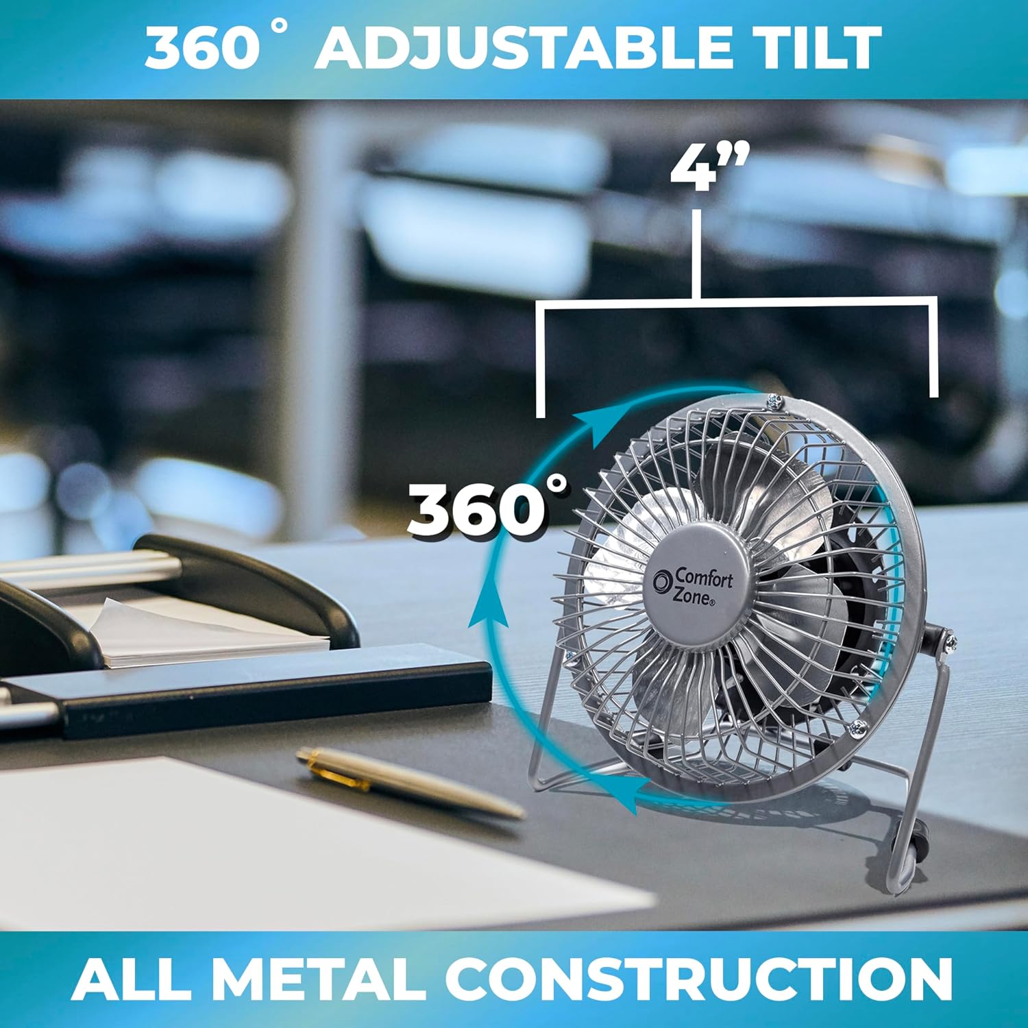 Comfort Zone 4-inch All-Metal Mini Desk Fan – High Velocity Portable USB Fan with 120V Wall Adapter