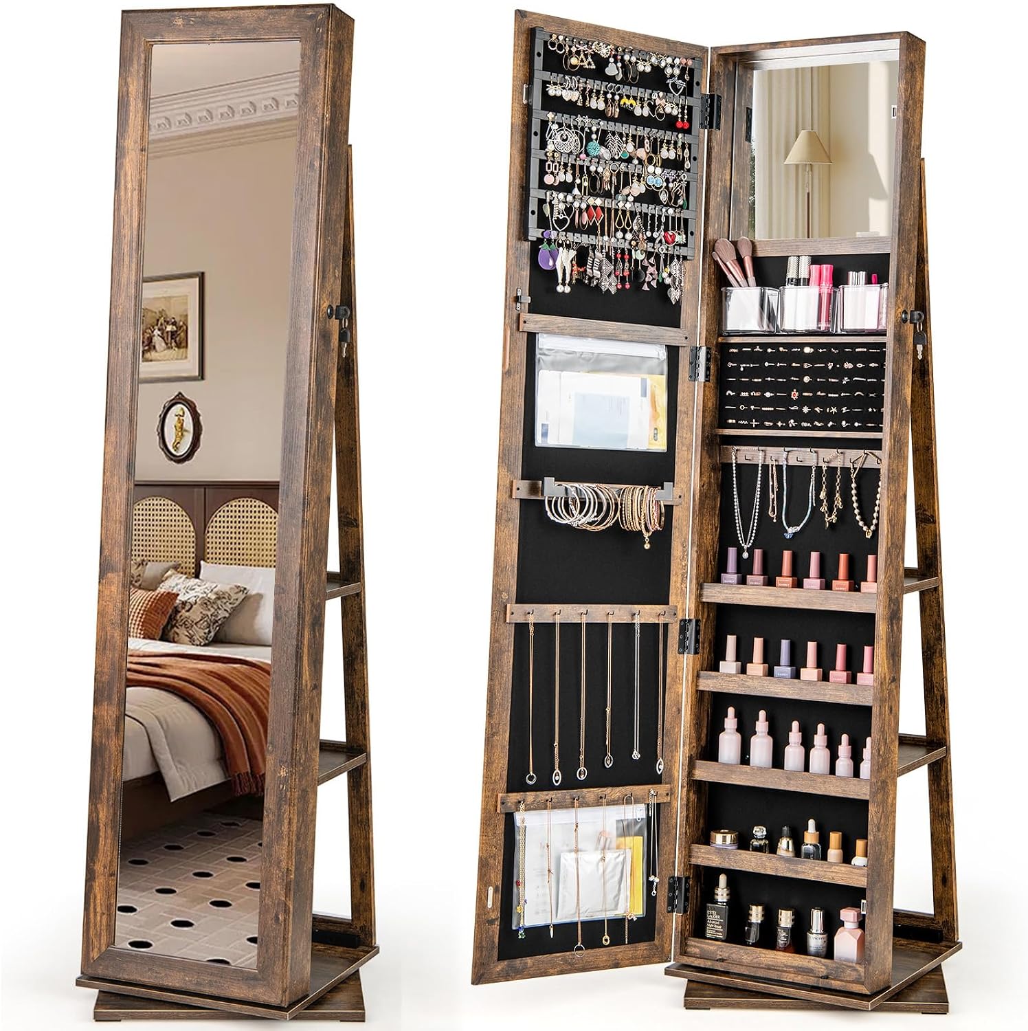 CHARMAID 360° Swivel Jewelry Armoire with Higher Full Length Mirror, Standing Lockable Jewelry Cabinet Organizer with Large Storage Capacity