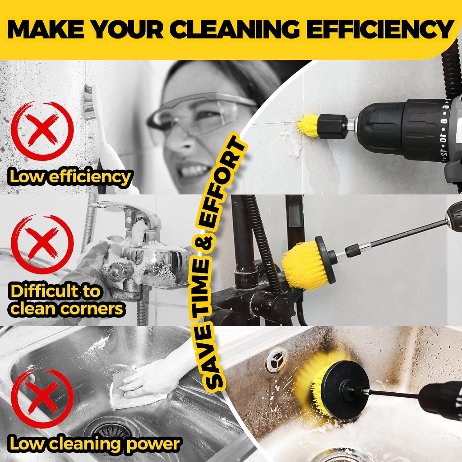 Holikme 6Pc Drill Brush Set - Soft Bristles with Extension for Home Clean | 5 Head Sizes, Yellow Nylon Fibers, Power Scrubber Attachments for Tile, Tub, Shower, Floors, Kitchen and Auto Interior Care
