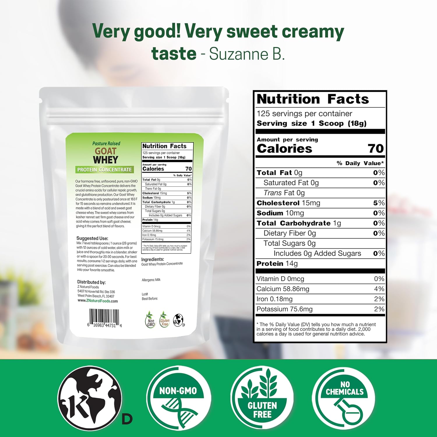 Z Natural Foods Goat Whey Protein Powder Concentrate - Pasture Raised, 1 lb