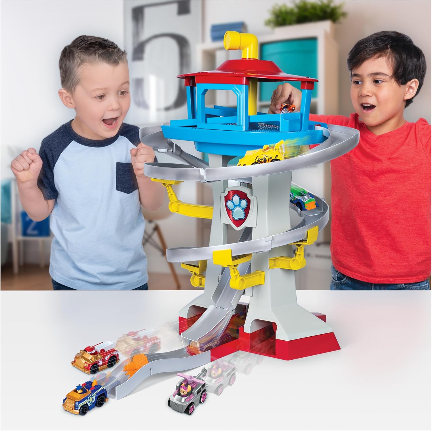 Paw Patrol Adventure Bay Lookout Tower Playset With 2 Die-Cast 1:55 Vehicles (Chase and Marshall): Twin Track Rescue Way 25 Pc Set With Launching